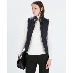 Zara navy blue quilted vest w/ brown suede piping